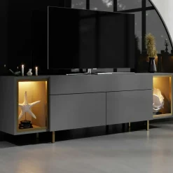 Meuble TV gris et doré 2 portes 2 niches LED AURA