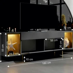Meuble TV gris et doré 2 portes 2 niches LED AURA