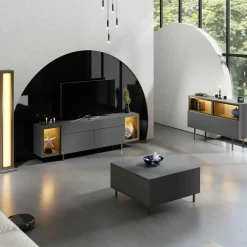 Meuble TV gris et doré 2 portes 2 niches LED AURA