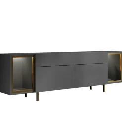 Meuble TV gris et doré 2 portes 2 niches LED AURA