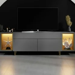 Meuble TV gris et doré 2 portes 2 niches LED AURA