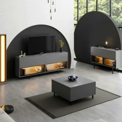 Meuble TV gris foncé 2 portes 2 niches LED à télécommande AURA
