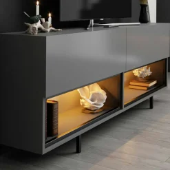 Meuble TV gris foncé 2 portes 2 niches LED à télécommande AURA