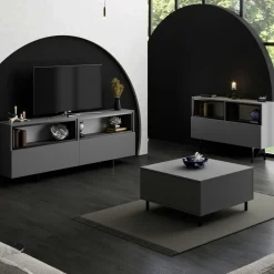Meuble TV gris foncé 2 portes 2 niches hautes LED AURA