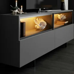 Meuble TV gris foncé 2 portes 2 niches hautes LED AURA