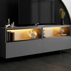 Meuble TV gris foncé 2 portes 2 niches hautes LED AURA