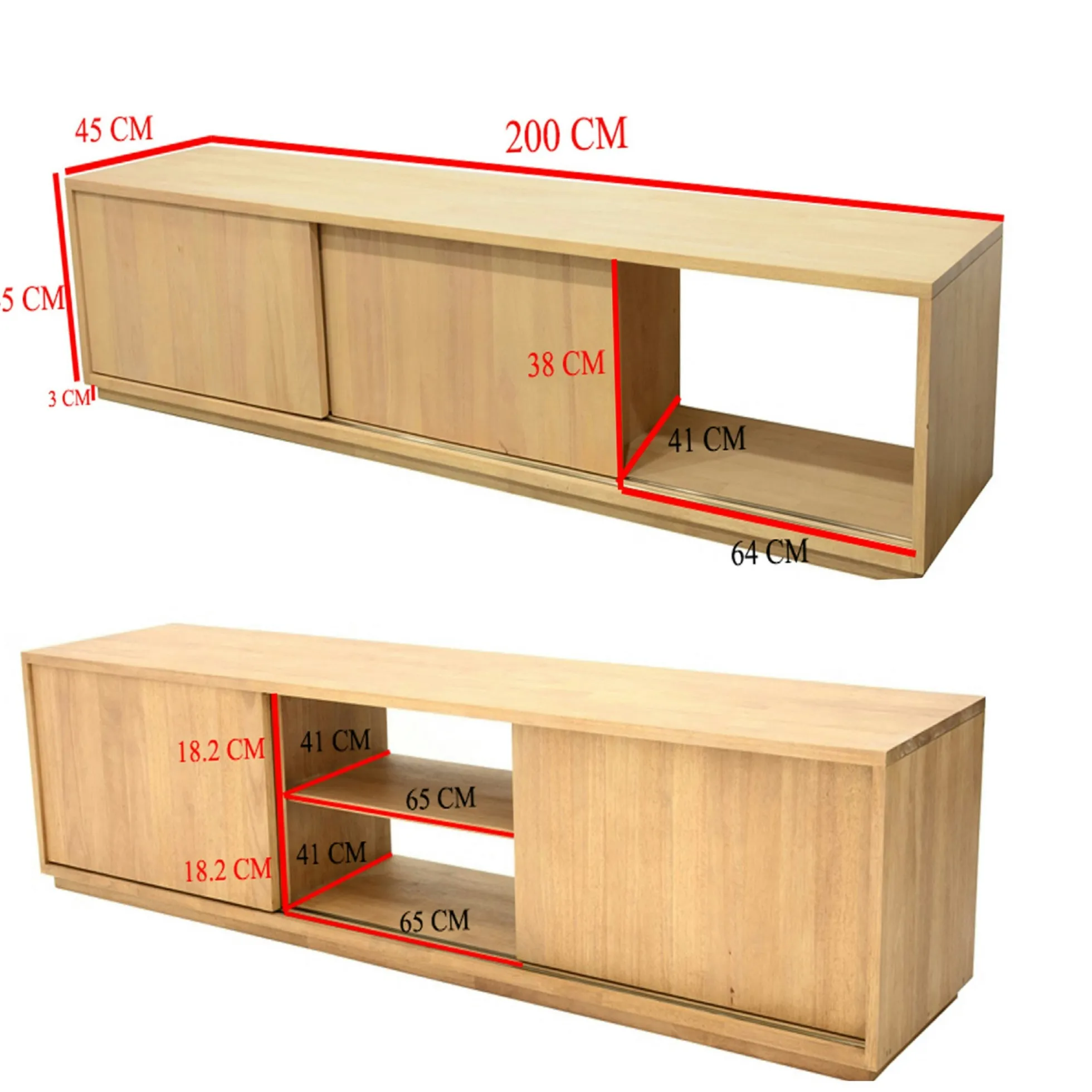 Meuble TV Hévéa 3 portes coulissantes 200x45x45cm BALTIC
