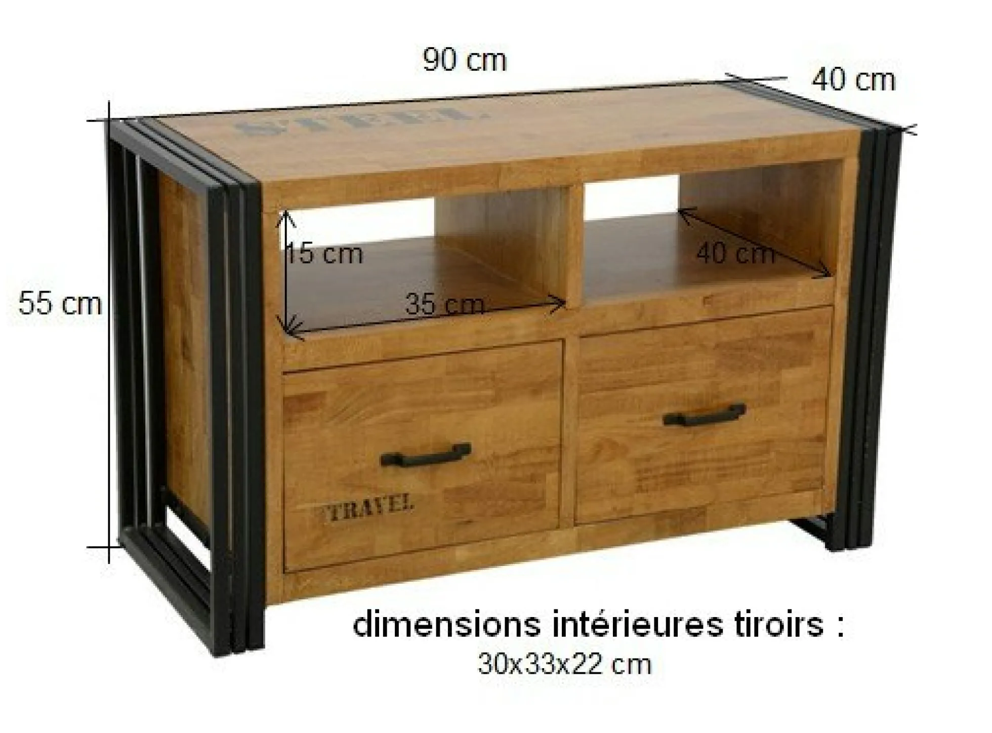 Meuble TV hévéa recyclé naturel et métal noirci 2 tiroirs 2 niches 90X40X55cm DOCKER