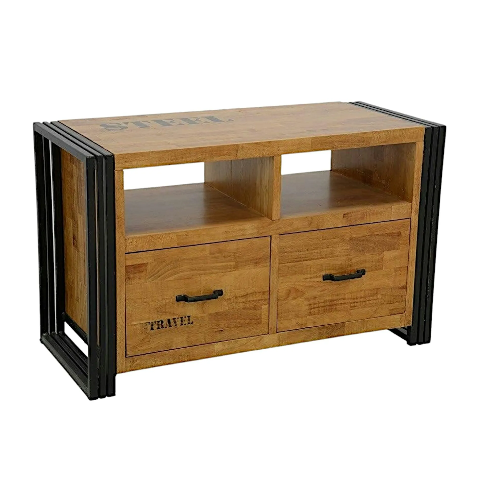 Meuble TV hévéa recyclé naturel et métal noirci 2 tiroirs 2 niches 90X40X55cm DOCKER