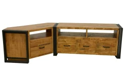 Meuble TV hévéa recyclé naturel et métal noirci 2 tiroirs 2 niches 90X40X55cm DOCKER