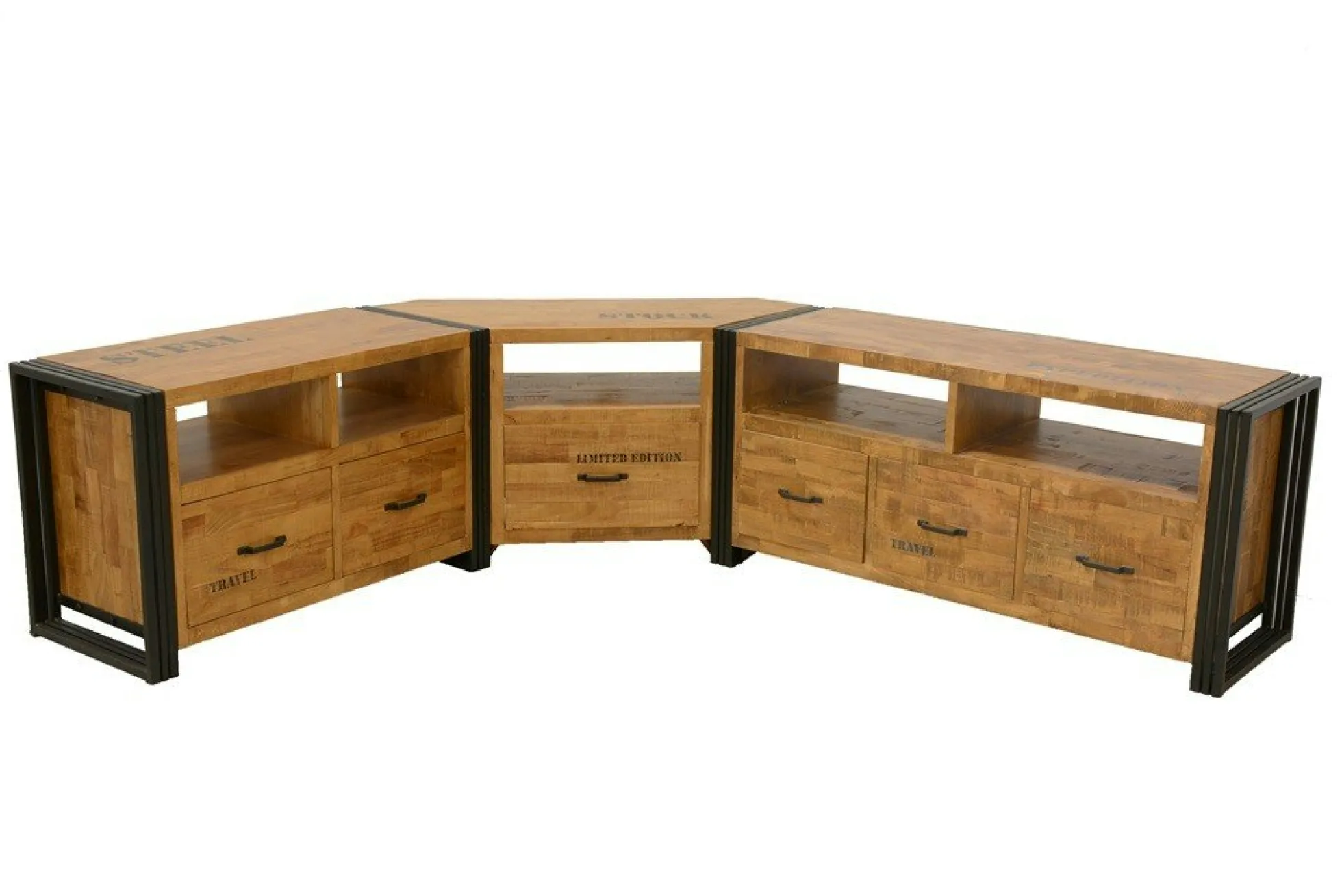 Meuble TV hévéa recyclé naturel et métal noirci 2 tiroirs 2 niches 90X40X55cm DOCKER