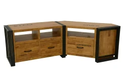 Meuble TV hévéa recyclé naturel et métal noirci 2 tiroirs 2 niches 90X40X55cm DOCKER