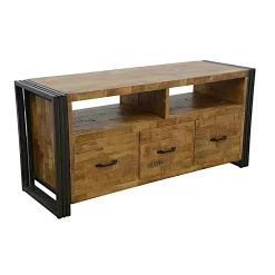 Meuble TV hévéa recyclé naturel et métal noirci 3 tiroirs 2 niches 120X40X55cm DOCKER