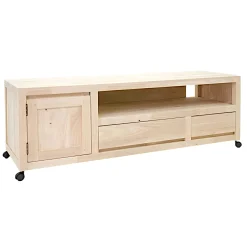 Meuble TV Hévéa à roulettes, 1 porte, 2 tiroirs, 1 grande niche 140x45x47,5 OLGA