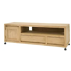 Meuble TV Hévéa à roulettes, 1 porte, 2 tiroirs, 1 grande niche 140x45x47,5 OLGA
