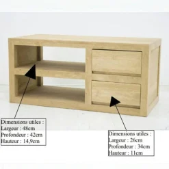 Meuble TV hévéa 2 tiroirs 90cm OLGA