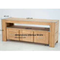 Meuble TV Hévéa 3 tiroirs, 1 grande niche 120x40x50cm ATTAN
