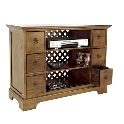 Meuble TV Hévéa 6 tiroirs, 3 niches, fond ajouré effet croisé 98x39x72.6cm MAORI