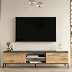 Meuble TV moderne décor bois et gris 2 portes 2 niches JENA