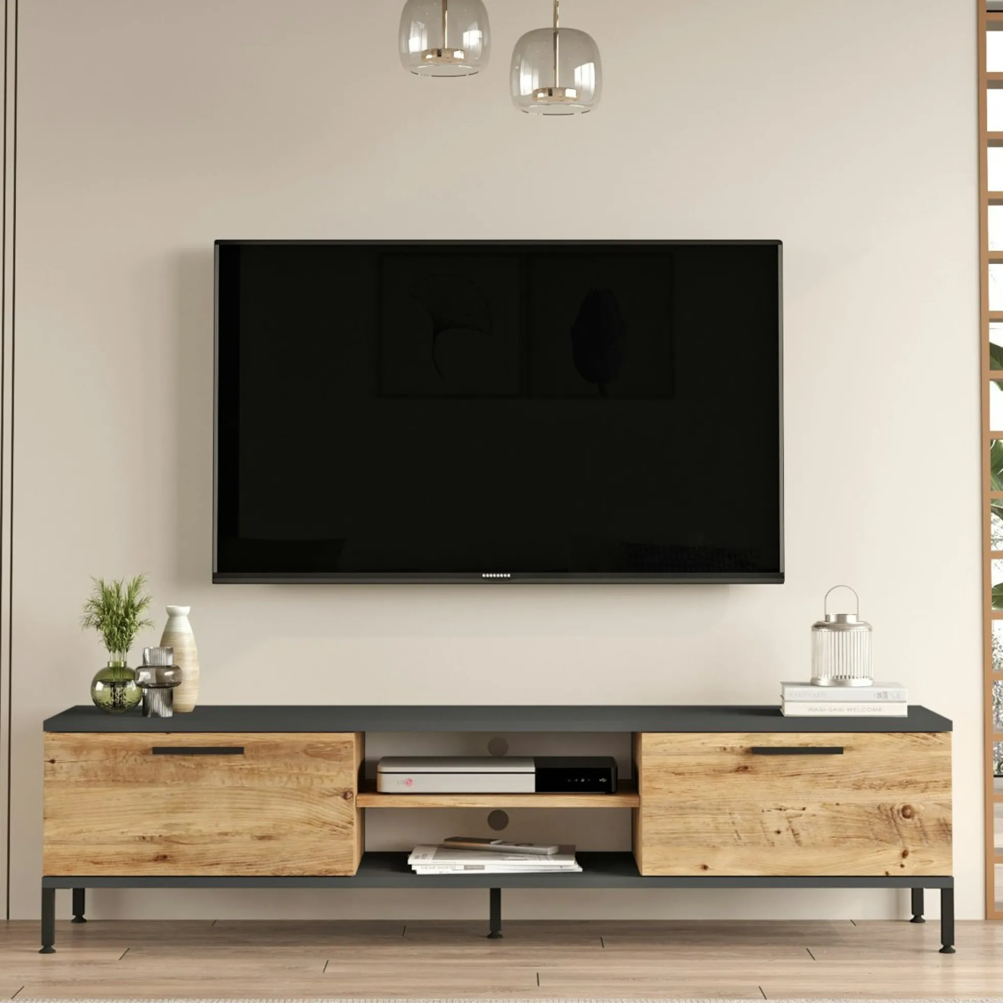 Meuble TV moderne décor bois et gris 2 portes 2 niches JENA