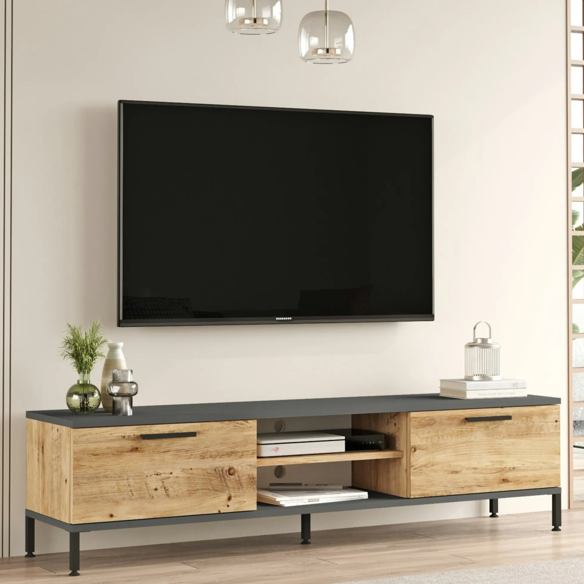 Meuble TV moderne décor bois et gris 2 portes 2 niches JENA