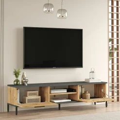 Meuble TV moderne décor bois et gris 2 portes 2 niches JENA