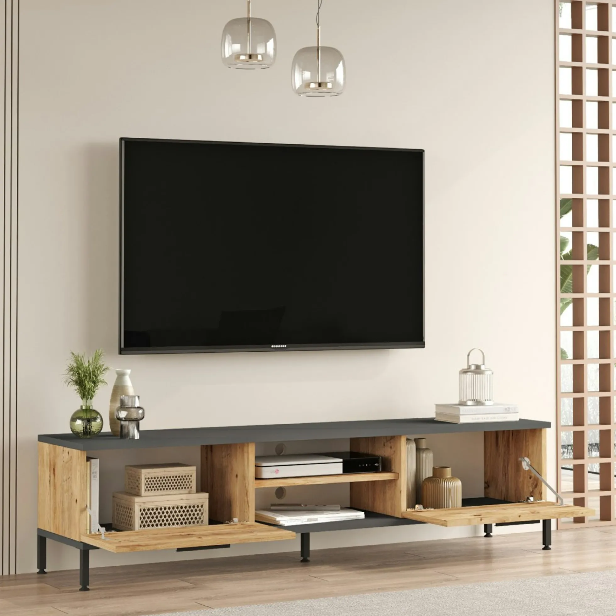Meuble TV moderne décor bois et gris 2 portes 2 niches JENA
