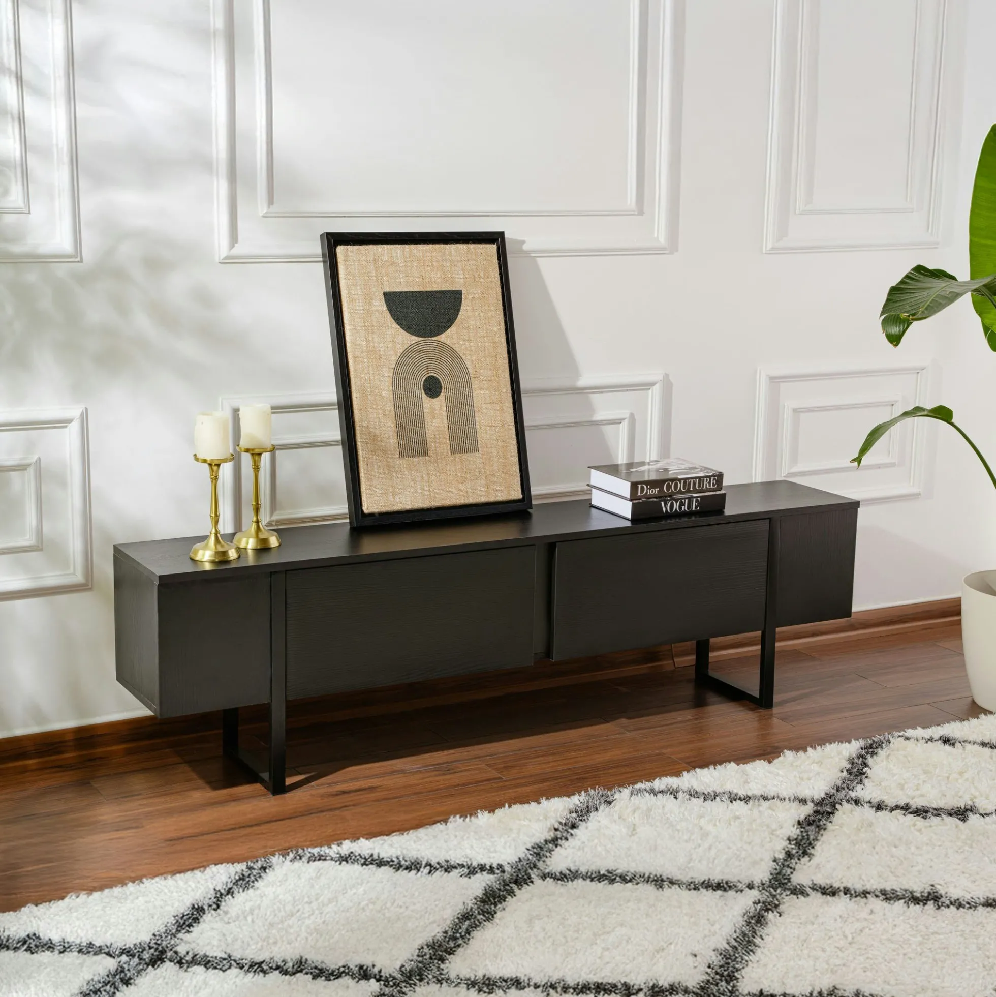 Meuble TV noir avec rangement - effet bois, pieds noirs JENA