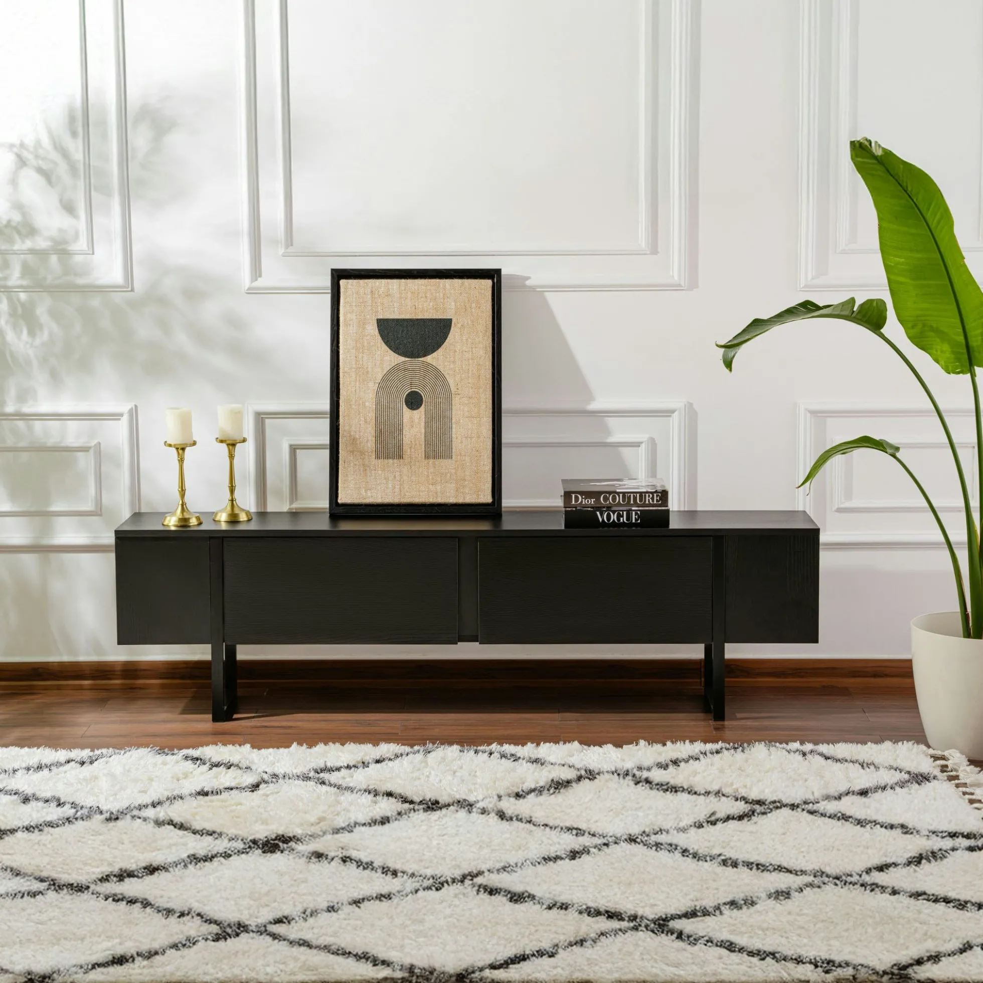 Meuble TV noir avec rangement - effet bois, pieds noirs JENA