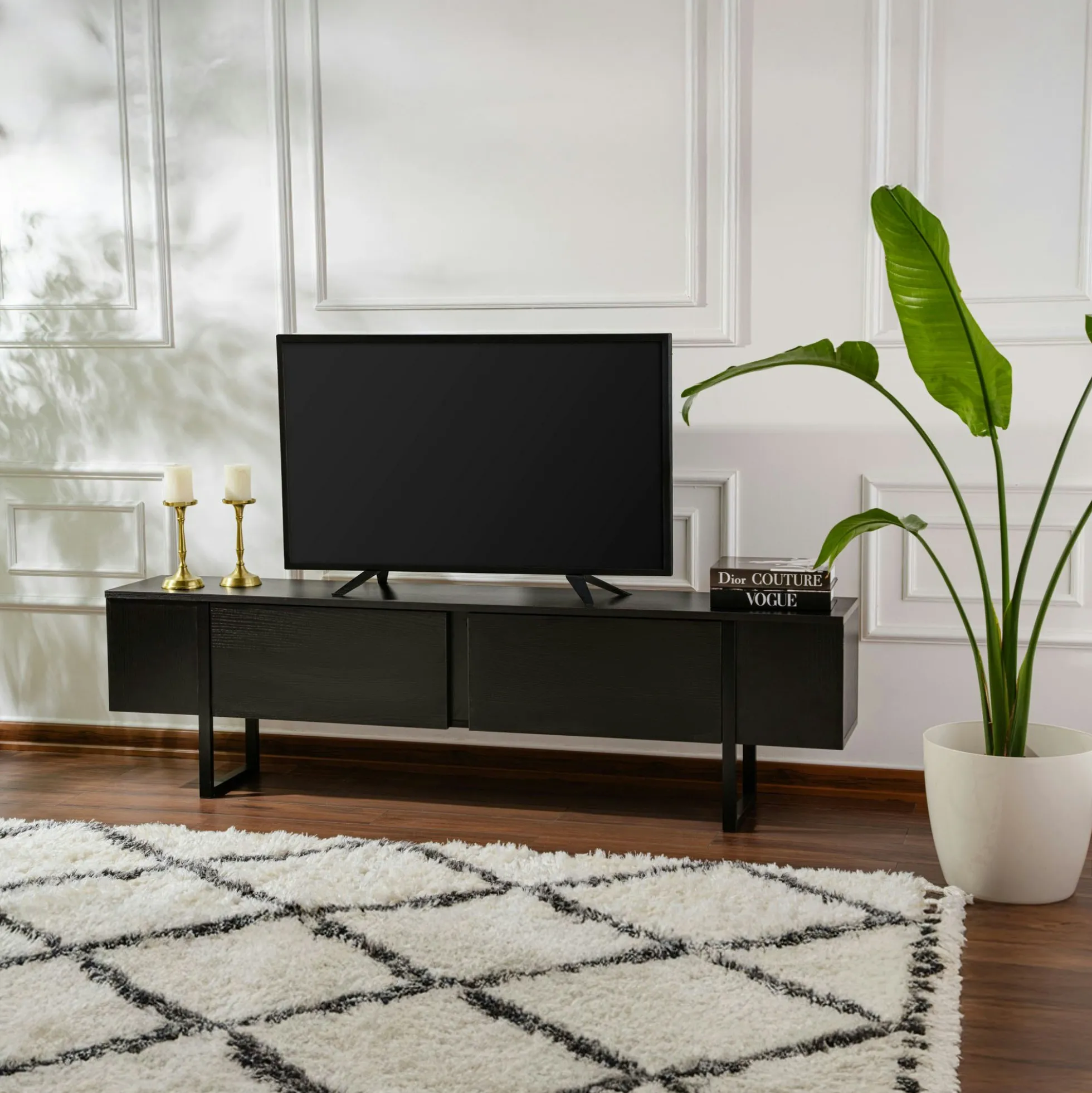 Meuble TV noir avec rangement - effet bois, pieds noirs JENA
