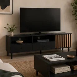 Meuble TV noir décor bois 1 porte 2 tiroirs NOREN
