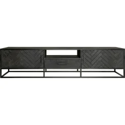 Meuble TV noir en bois 2 portes motif chevron 210 cm ALVERA