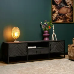 Meuble TV noir en bois 2 portes motif chevron 165 cm ALVERA