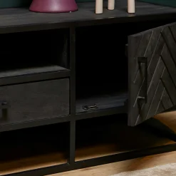 Meuble TV noir en bois 2 portes motif chevron 165 cm ALVERA