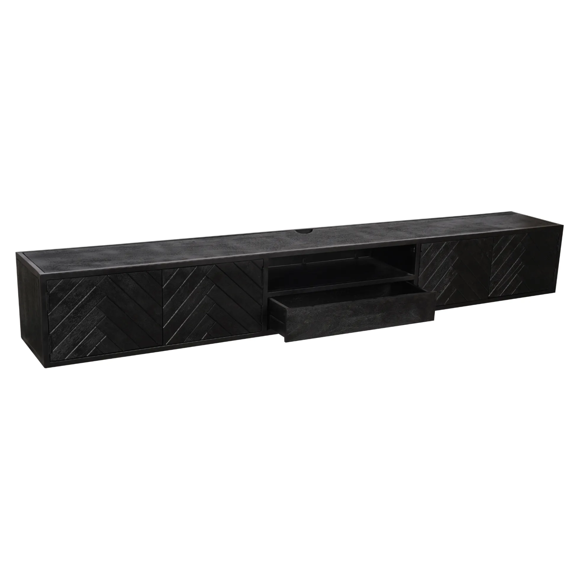 Meuble TV noir suspendu en bois avec rangement 280 cm ALVERA