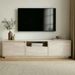 Meuble TV 3 portes abattantes décor travertin MARFA