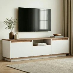 Meuble TV 3 portes abattantes décor blanc et pin MARFA
