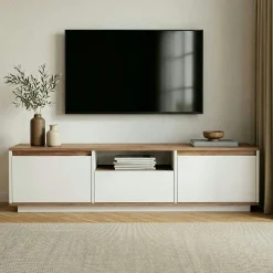 Meuble TV 3 portes abattantes décor blanc et pin MARFA