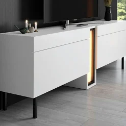 Meuble TV 2 portes blanc colonne LED à télécommande AURA