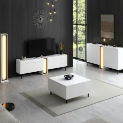 Meuble TV 2 portes blanc colonne LED à télécommande AURA
