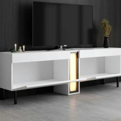 Meuble TV 2 portes blanc colonne LED à télécommande AURA