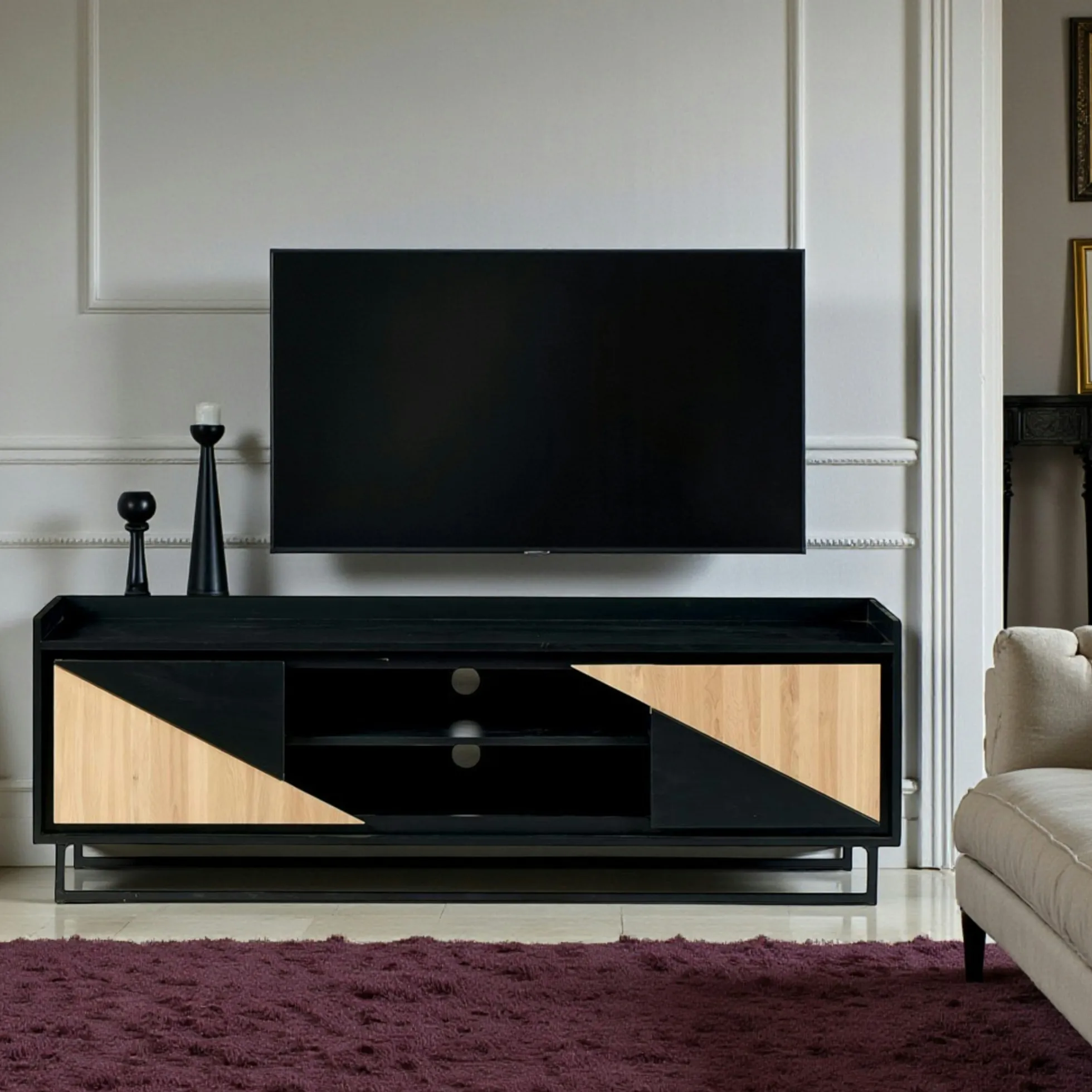 Meuble TV 2 portes bois noir et blanc ANINA