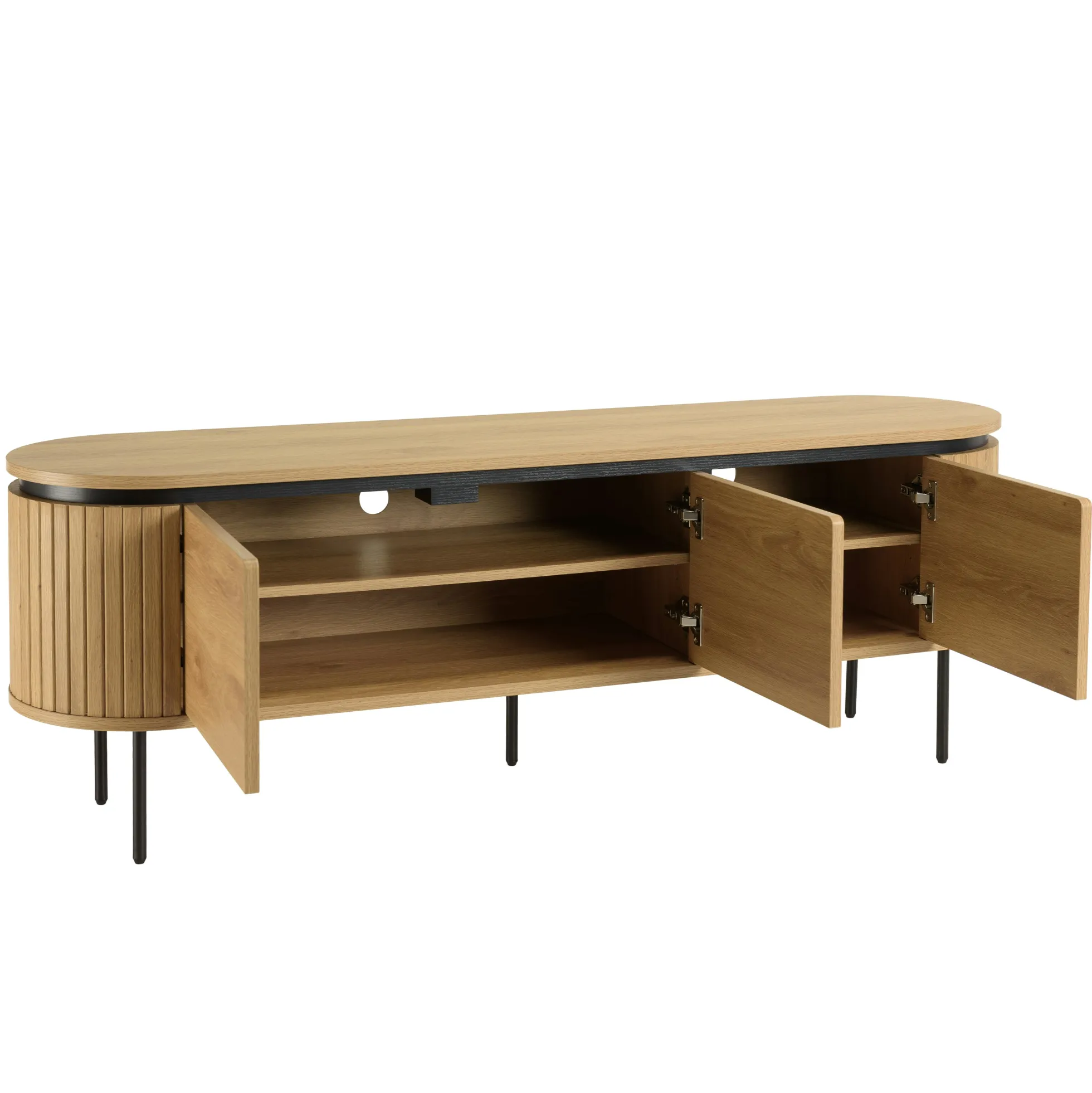 Meuble TV 3 portes bords arrondis bois décor strié JINAN