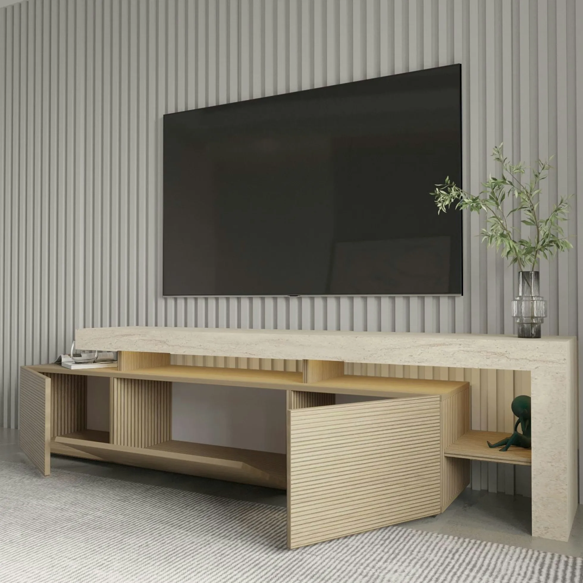 Meuble TV 3 portes décor bois travertin cadre ouvert AURA