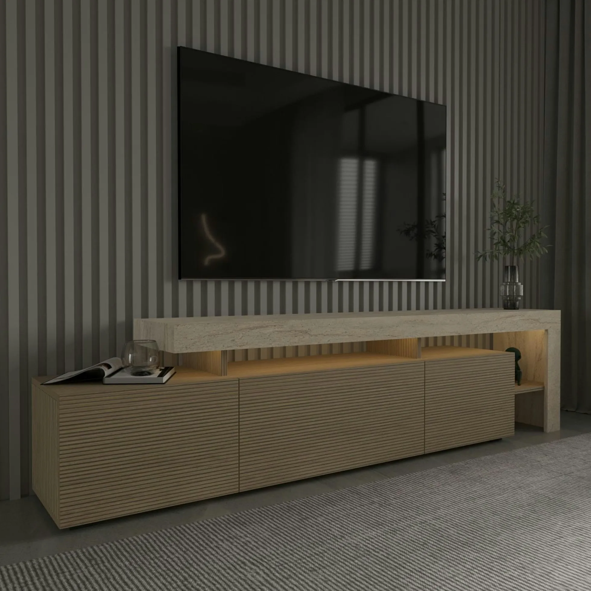 Meuble TV 3 portes décor bois travertin cadre ouvert AURA