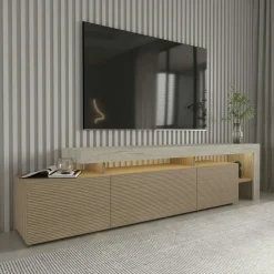Meuble TV 3 portes décor bois travertin cadre ouvert AURA
