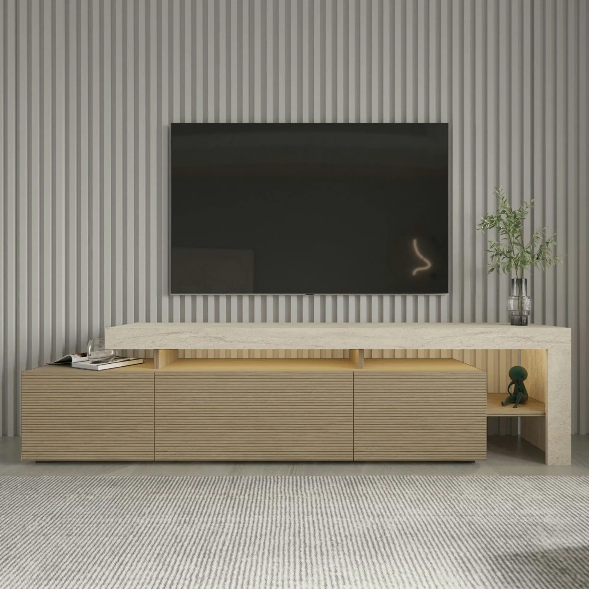 Meuble TV 3 portes décor bois travertin cadre ouvert AURA
