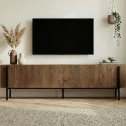 Meuble TV 2 portes décor chêne et pieds métal noir MARFA