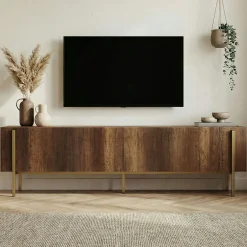 Meuble TV 2 portes décor noyer et pieds métal doré MARFA