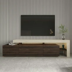Meuble TV 3 portes décor noyer travertin cadre ouvert AURA